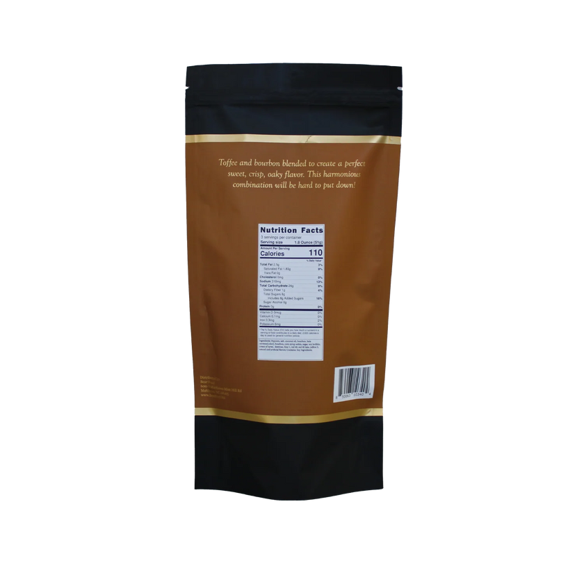 Brown package of toffee popcorn with black top and bottom on a white background