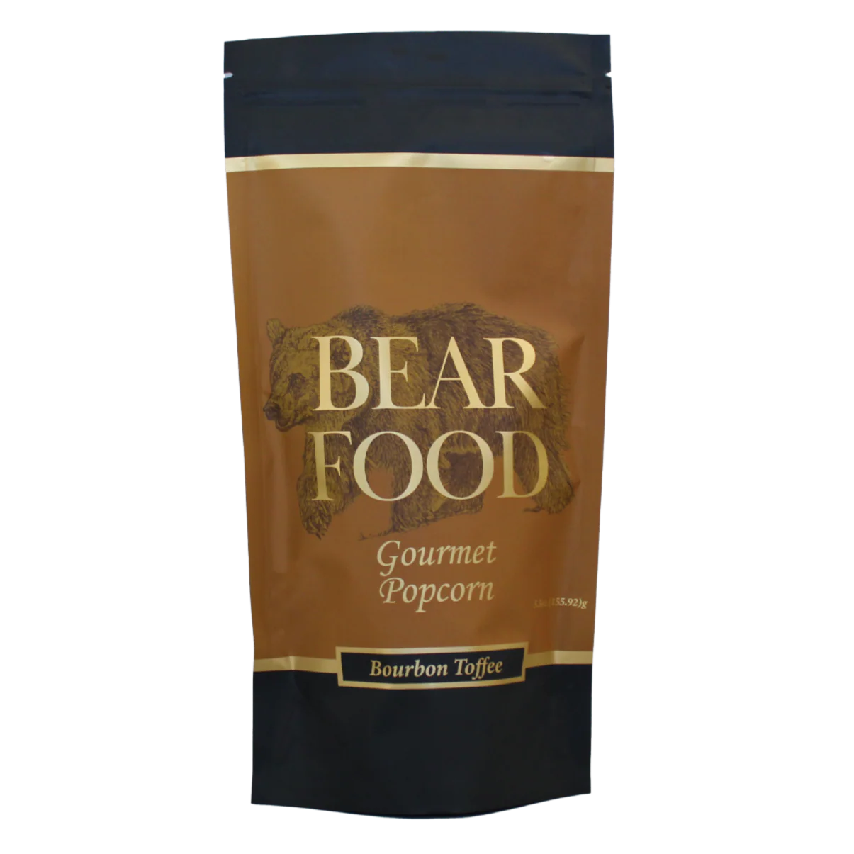 Bear Food Gourmet Popcorn Bourbon Toffee packaging on a white background