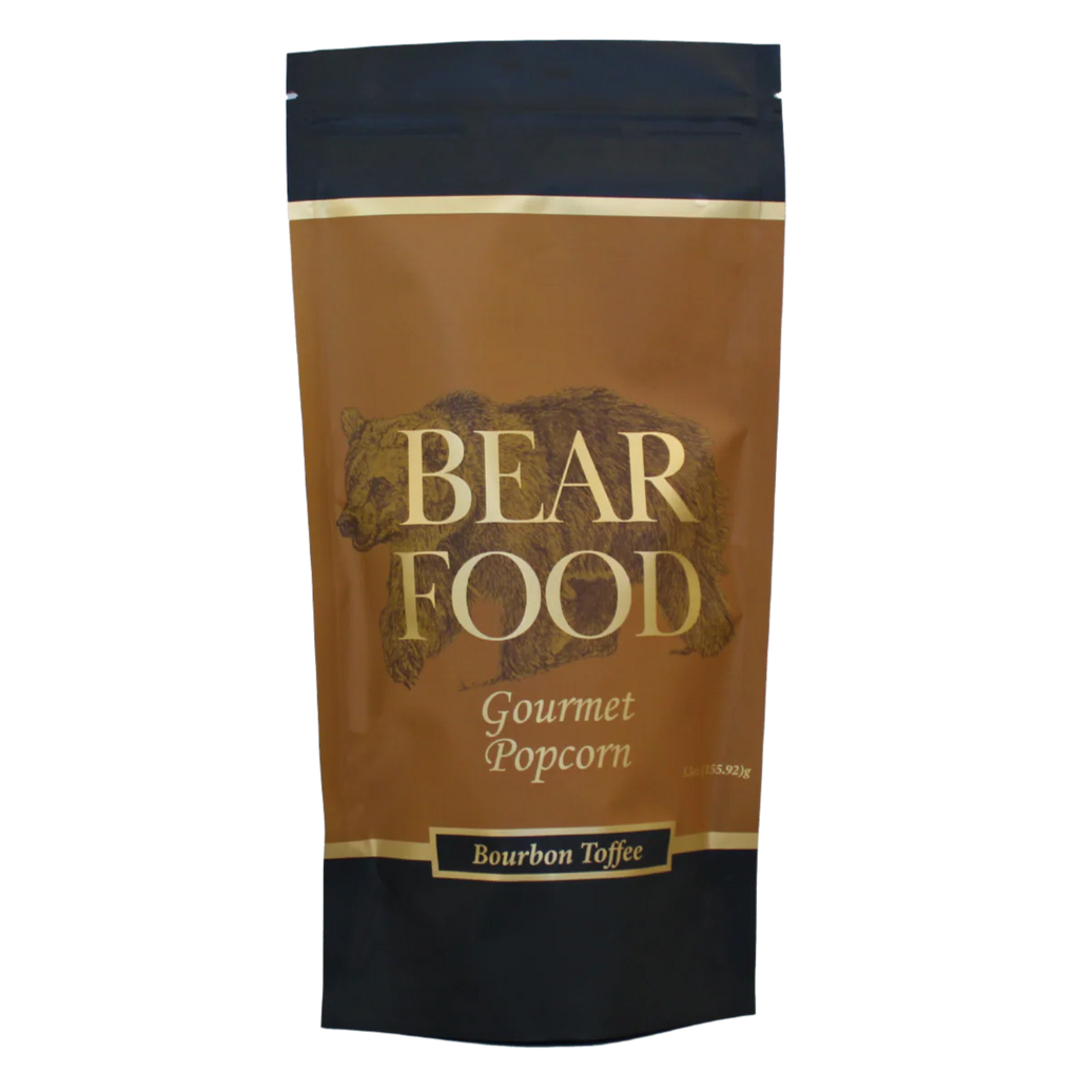 Bear Food Gourmet Popcorn Bourbon Toffee packaging on a white background
