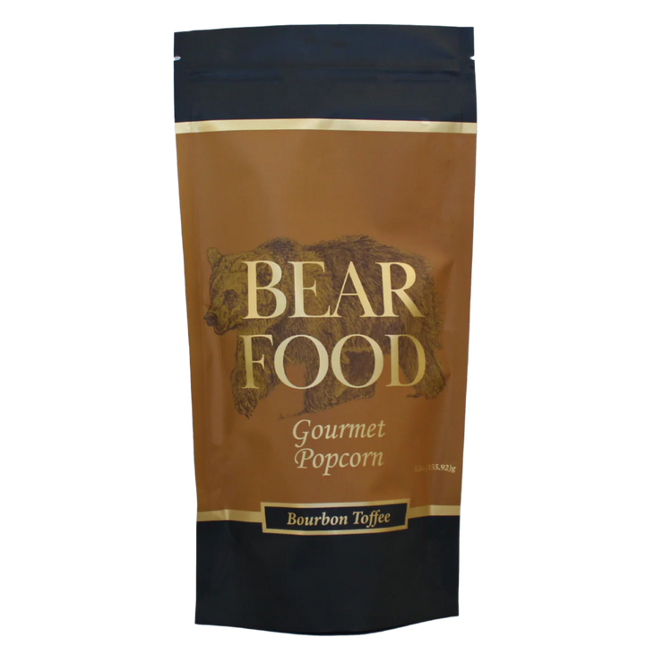 Bear Food Gourmet Popcorn Bourbon Toffee packaging on a white background