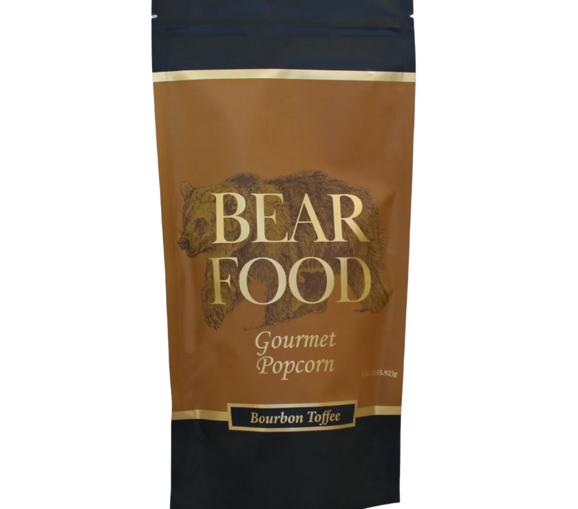 Bear Food Gourmet Popcorn Bourbon Toffee packaging on a white background