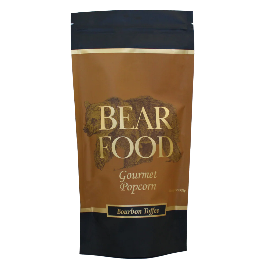 Bear Food Gourmet Popcorn Bourbon Toffee packaging on a white background
