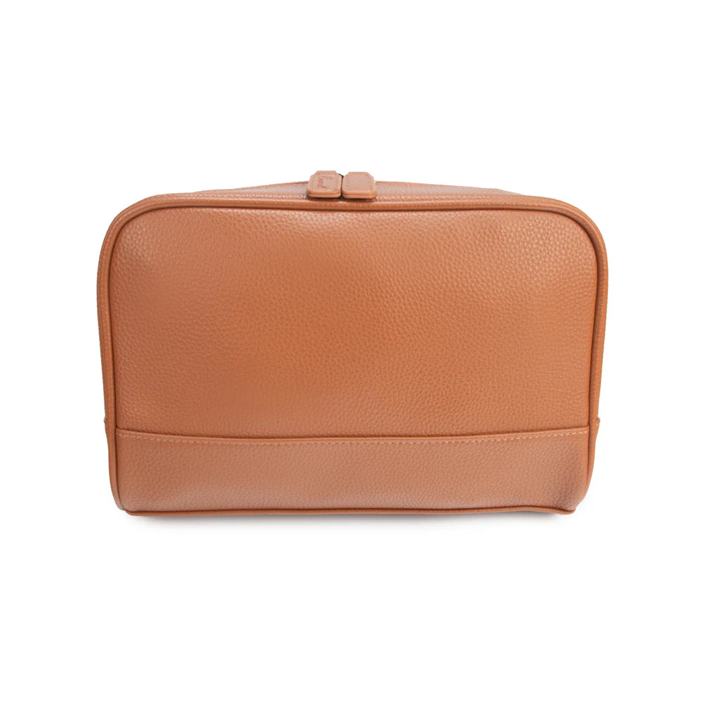 Brown leather toiletry bag on a white background
