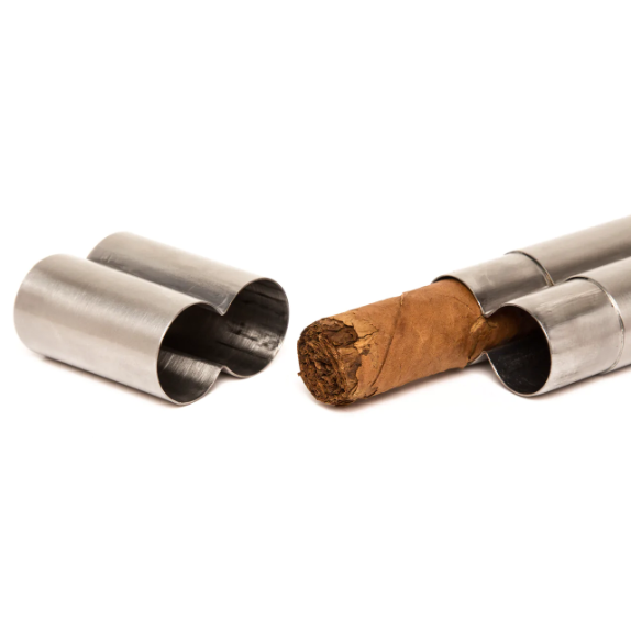 An open stainless steel double cigar holder with one cigar inside.