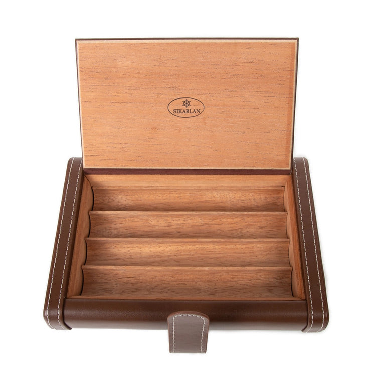 An open humidor with a wooden interior and leather wrapped exterior.