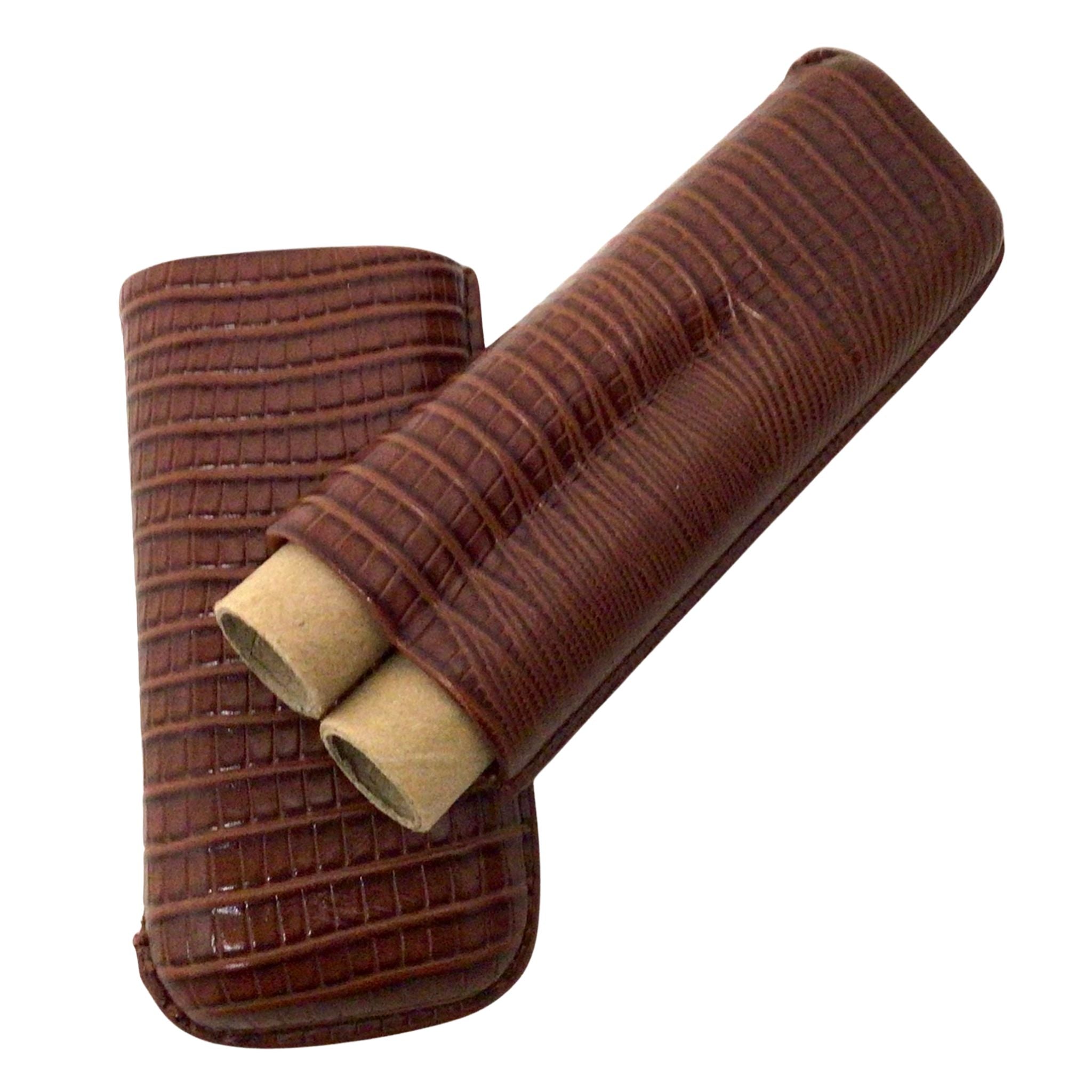 A brown cigar holder with lizard pattern and made of genuine leather, holding two items mimicking cigars.