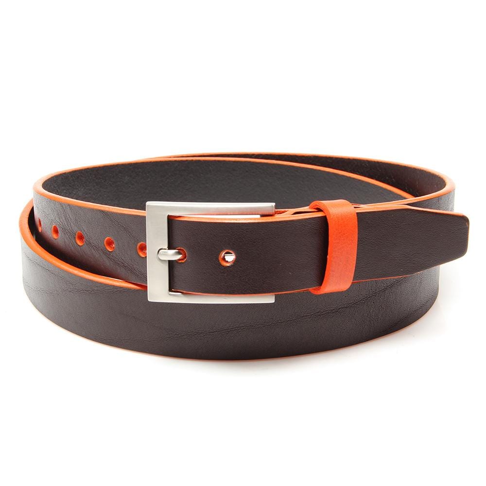 A brown leather belt with orange trim and a nickel-finished buckle.