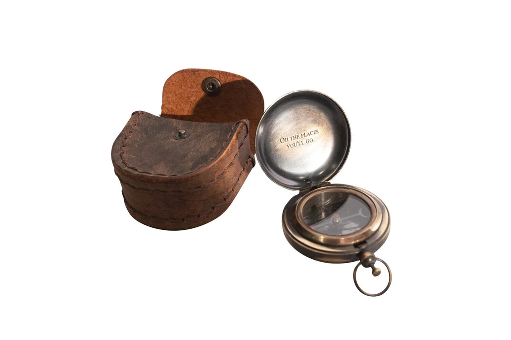 "Oh, the Places you'll go" (Push Button Compass with Leather Pouch)