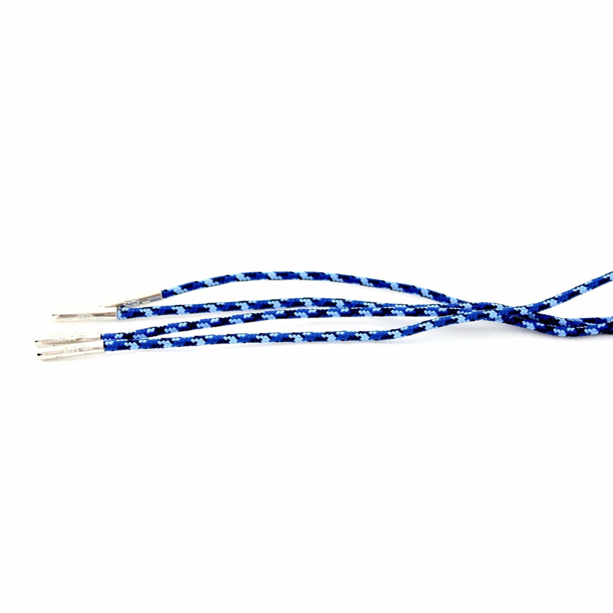 A pair of camouflage blue dress shoelaces with silver tips 