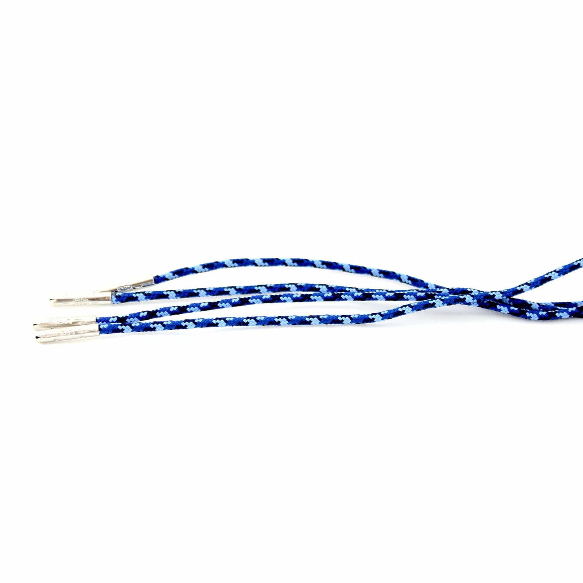 A pair of camouflage blue dress shoelaces with silver tips 