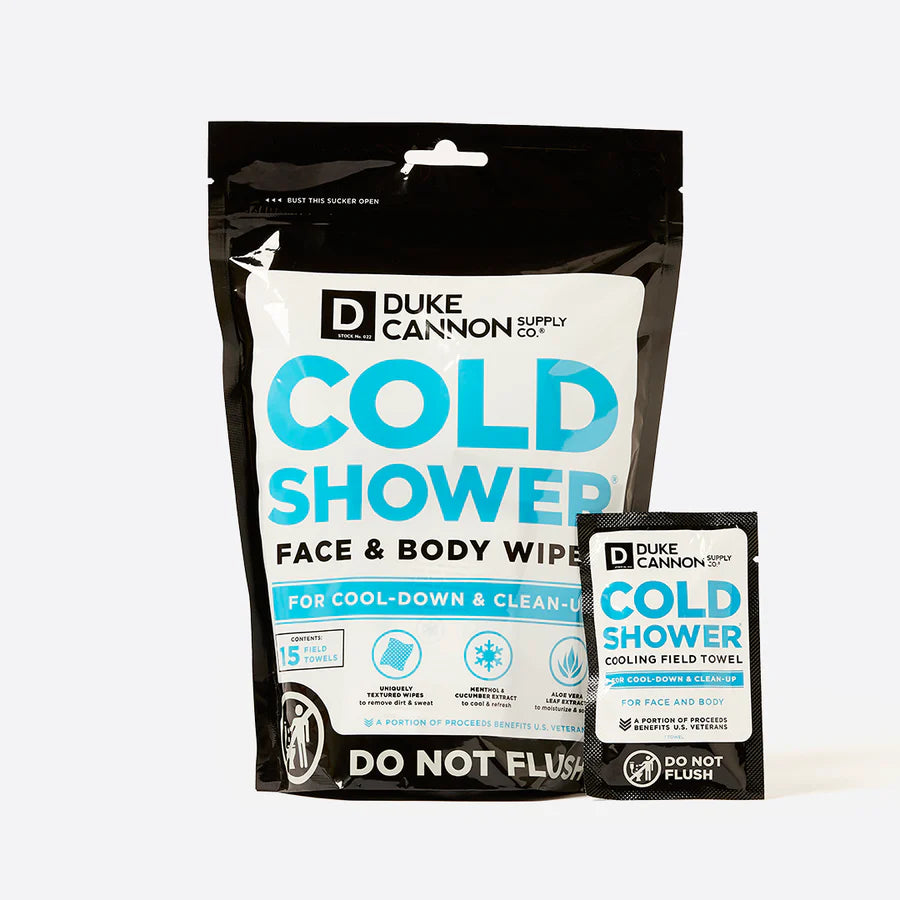 Duke Cannon Cold Shower face and body wipes packaging on a white background