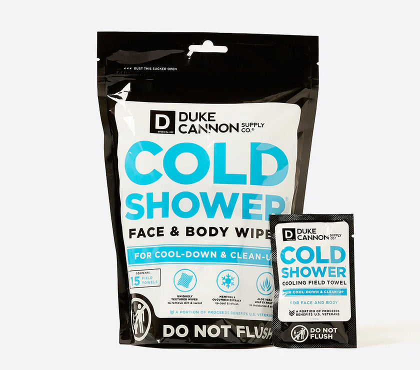 Duke Cannon Cold Shower face and body wipes packaging on a white background