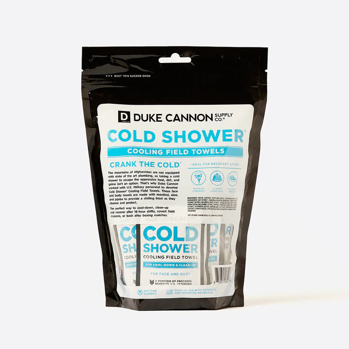 Pack of Duke Cannon Supply Co. Cold Shower cooling field towels on a white background