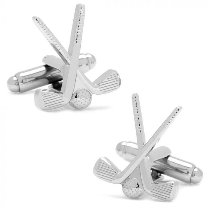 A pair of silver golf club cufflinks with a textured design, featuring golf ball accents.
