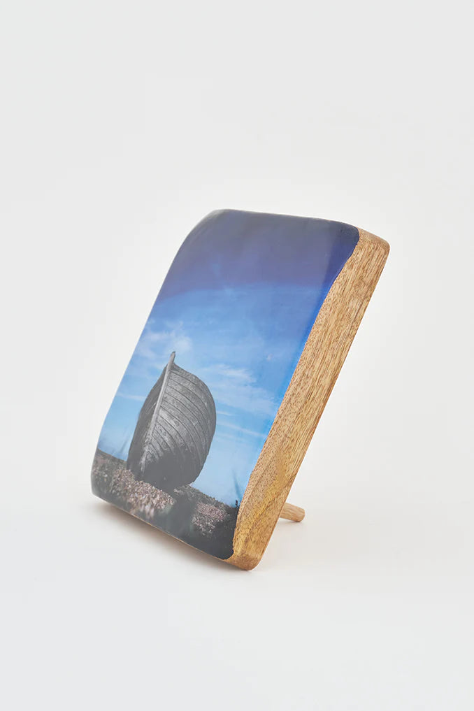 Rowboat on Land Enameled Image on Wood Plank