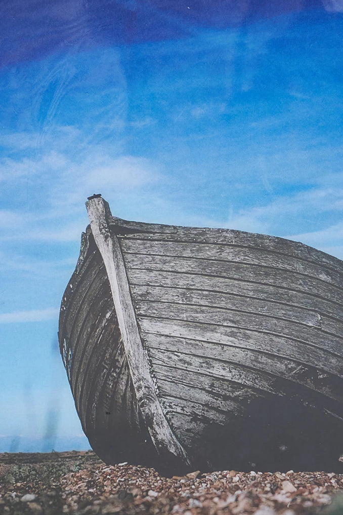 Rowboat on Land Enameled Image on Wood Plank