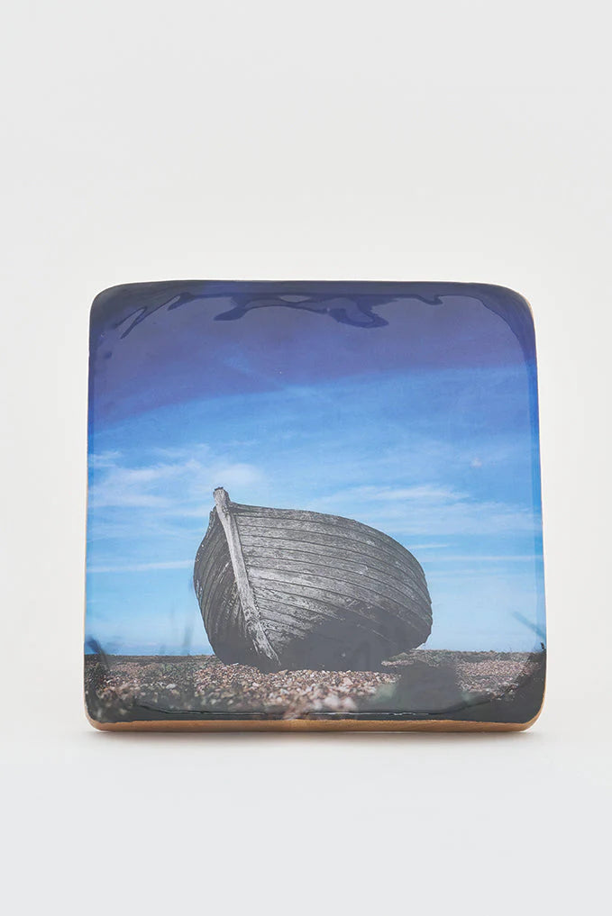 Rowboat on Land Enameled Image on Wood Plank