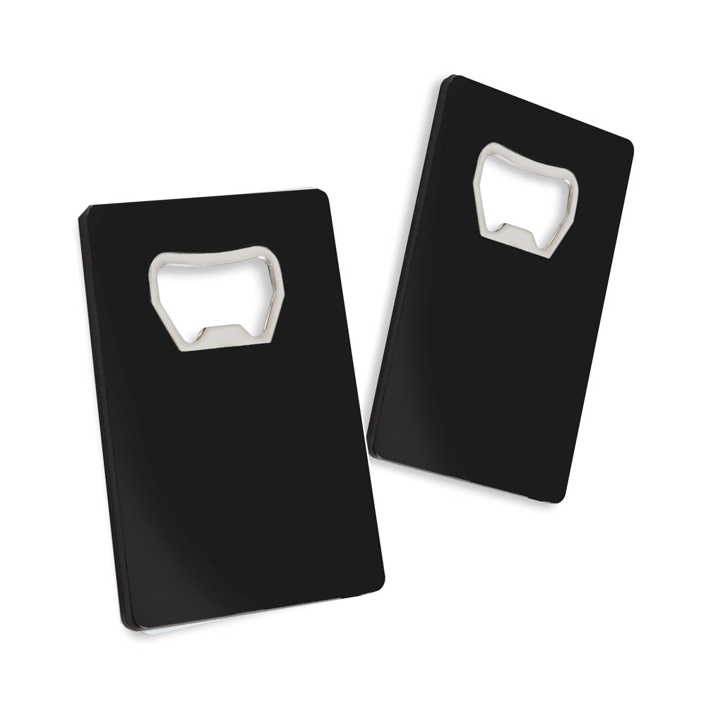 Two black metal engravable credit card shaped bottle openers with a silver metal opener on the front.