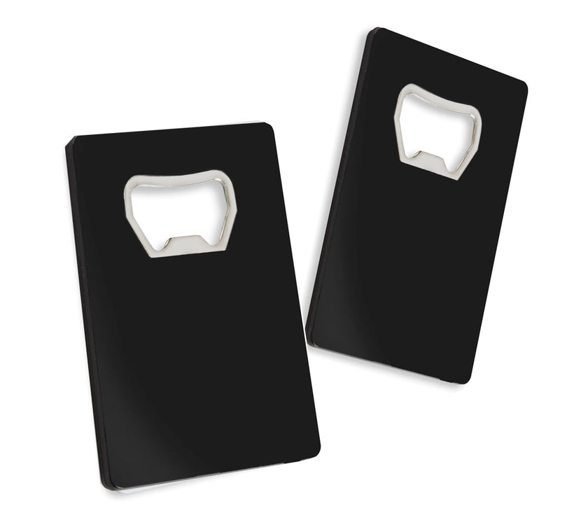 Two black metal engravable credit card shaped bottle openers with a silver metal opener on the front.