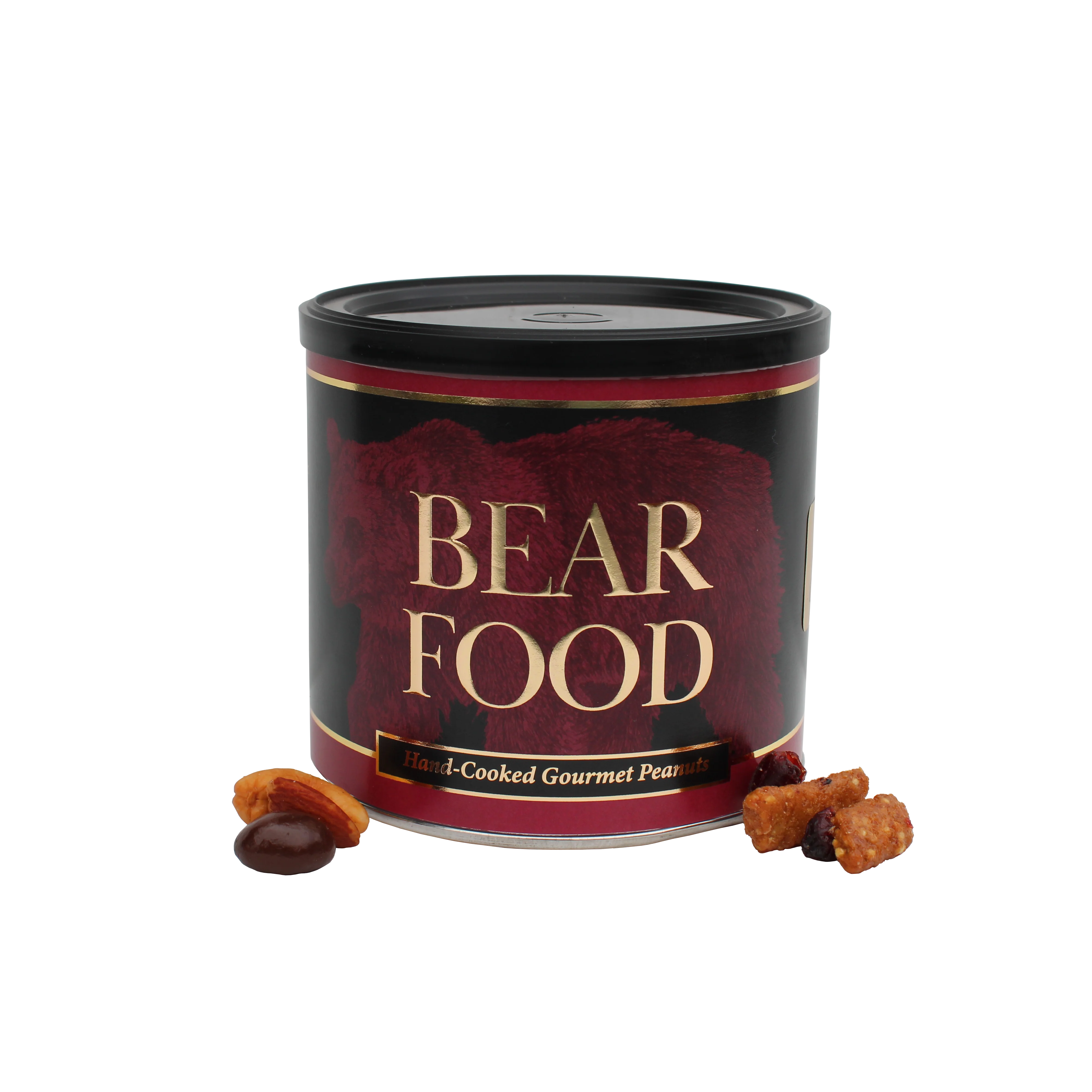 Jar labeled 'Bear Food' with two small brown objects on a white background