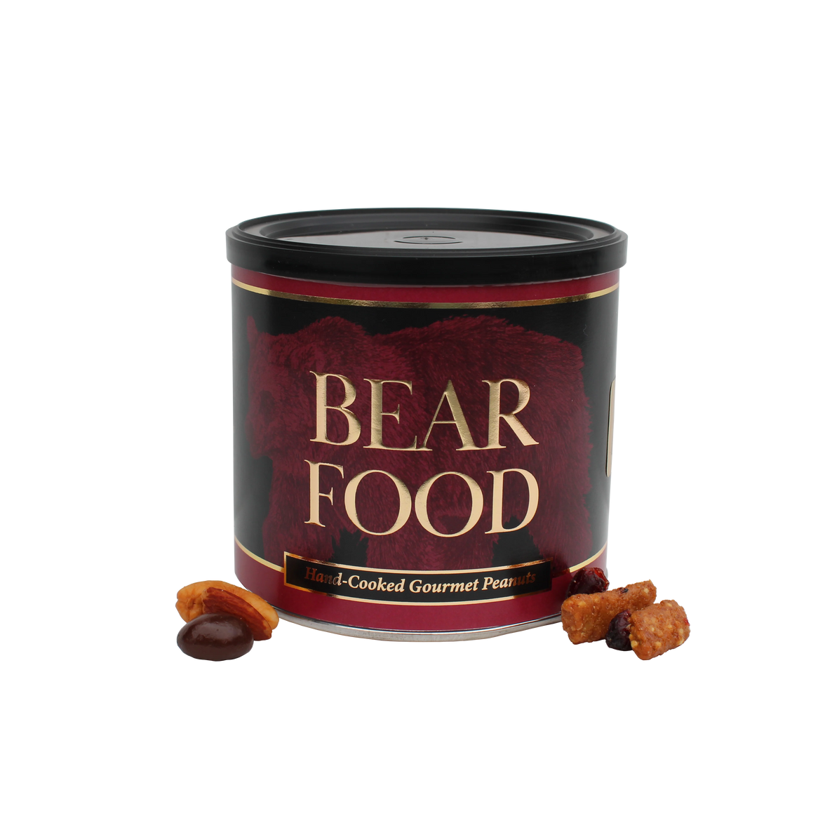 Jar labeled 'Bear Food' with two small brown objects on a white background