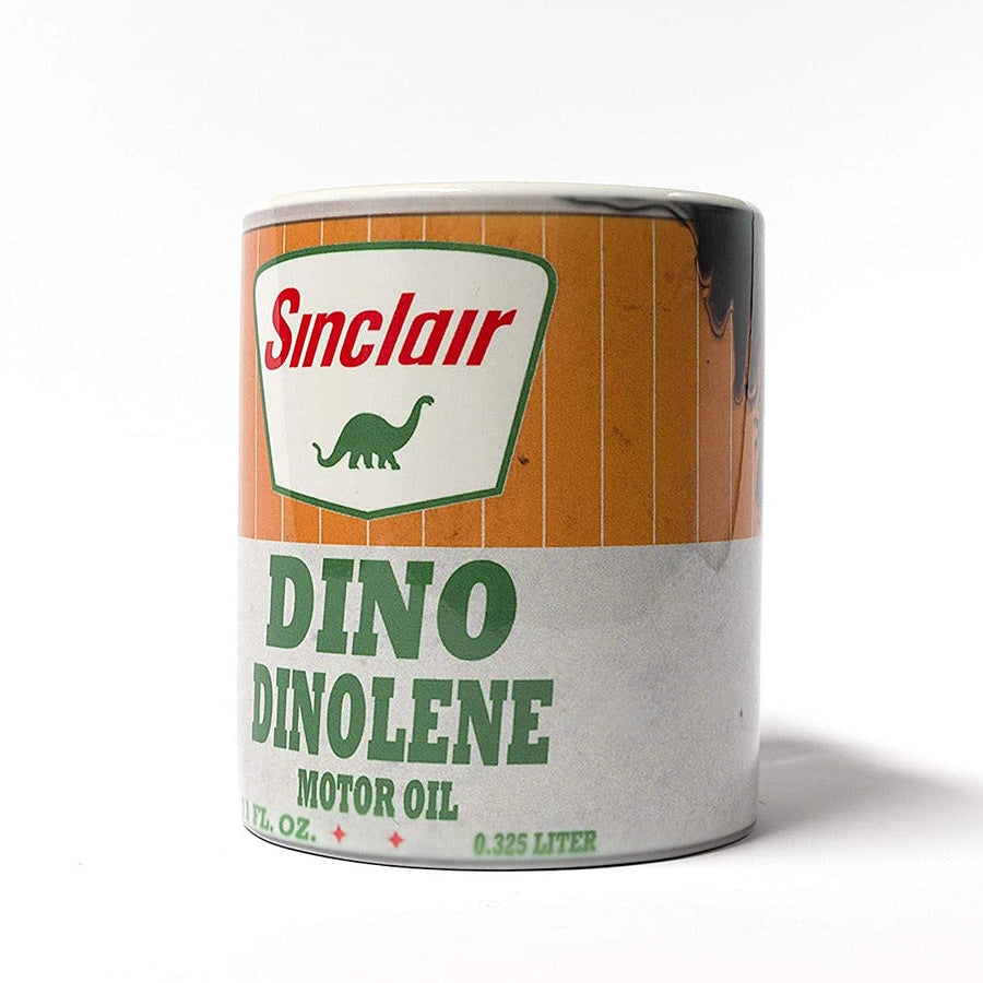 Vintage Sinclair Dino Dinolene motor oil style coffee mug on a white background