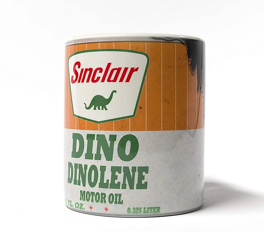 Vintage Sinclair Dino Dinolene motor oil style coffee mug on a white background