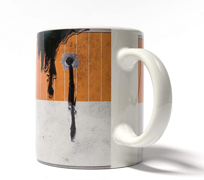 Mug with image of oil leaking out of a can on a white background