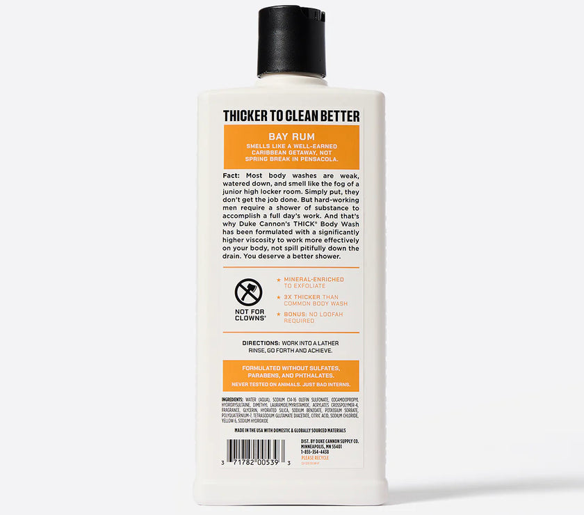 The back of a bottle of Duke Cannon Thick Body Wash in Bay Rum scent.