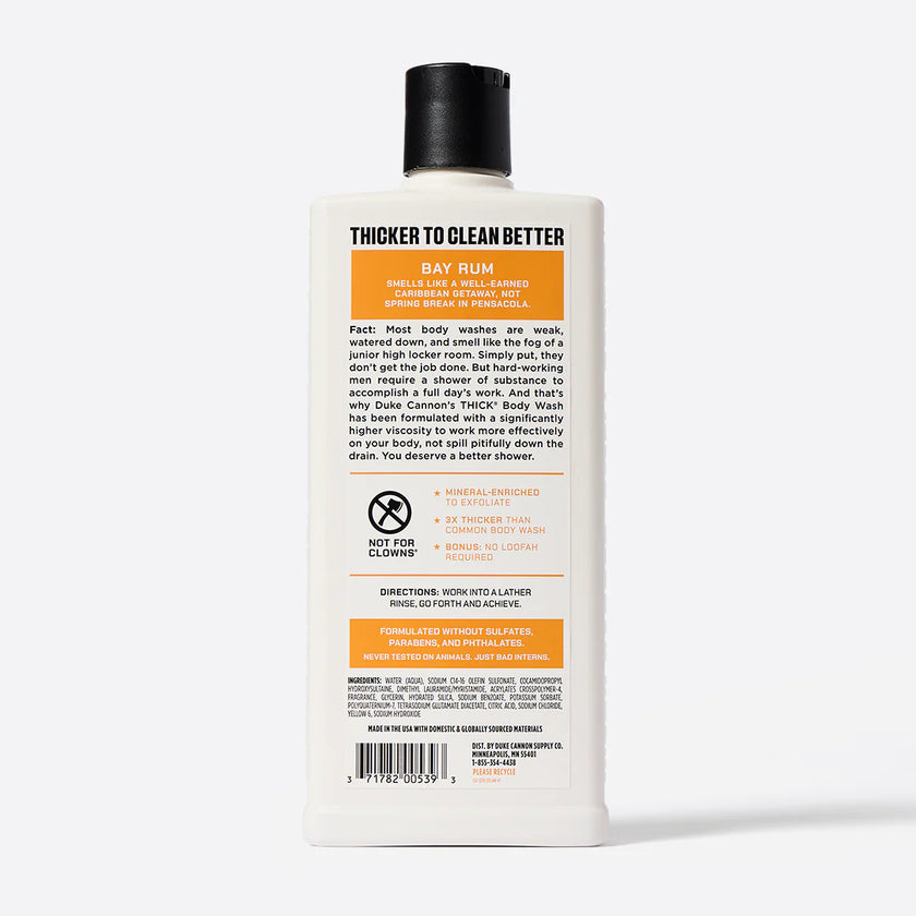 The back of a bottle of Duke Cannon Thick Body Wash in Bay Rum scent.