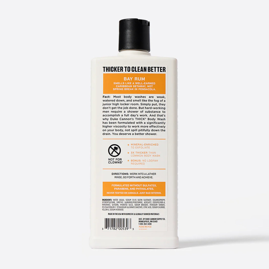 The back of a bottle of Duke Cannon Thick Body Wash in Bay Rum scent.