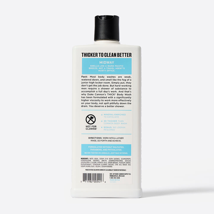 The back of a bottle of Duke Cannon Thick Body Wash in scent Midway