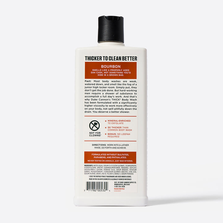 The back of a bottle of Duke Cannon Thick Body Wash in scent Bourbon.