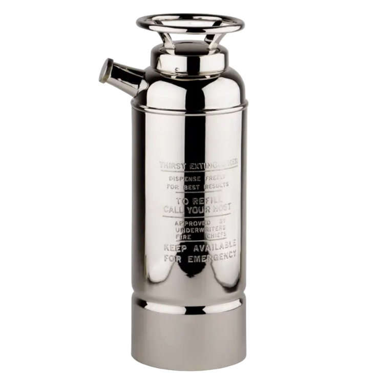 Metallic fire extinguisher shaped cocktail shaker on a white background
