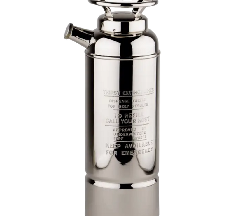 Metallic fire extinguisher shaped cocktail shaker on a white background