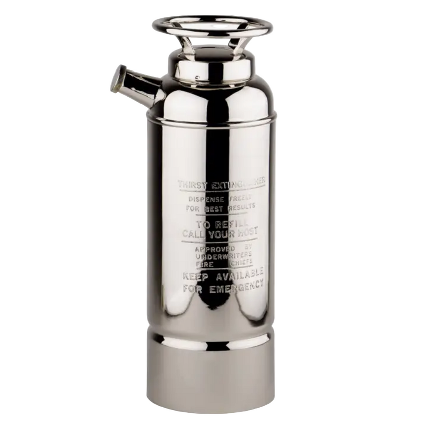 Metallic fire extinguisher shaped cocktail shaker on a white background