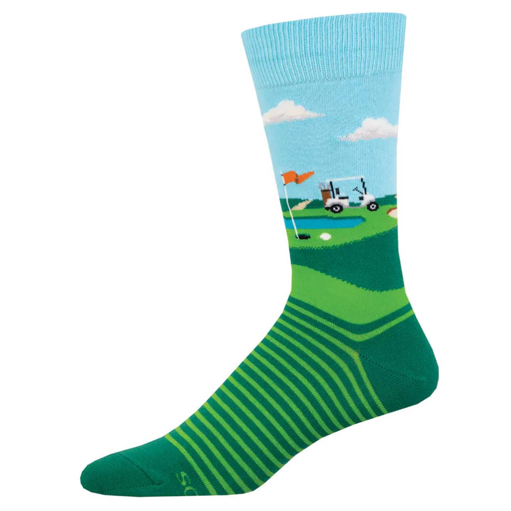 Golf-themed sock with a blue sky, green grass, and golf cart design on a white background.