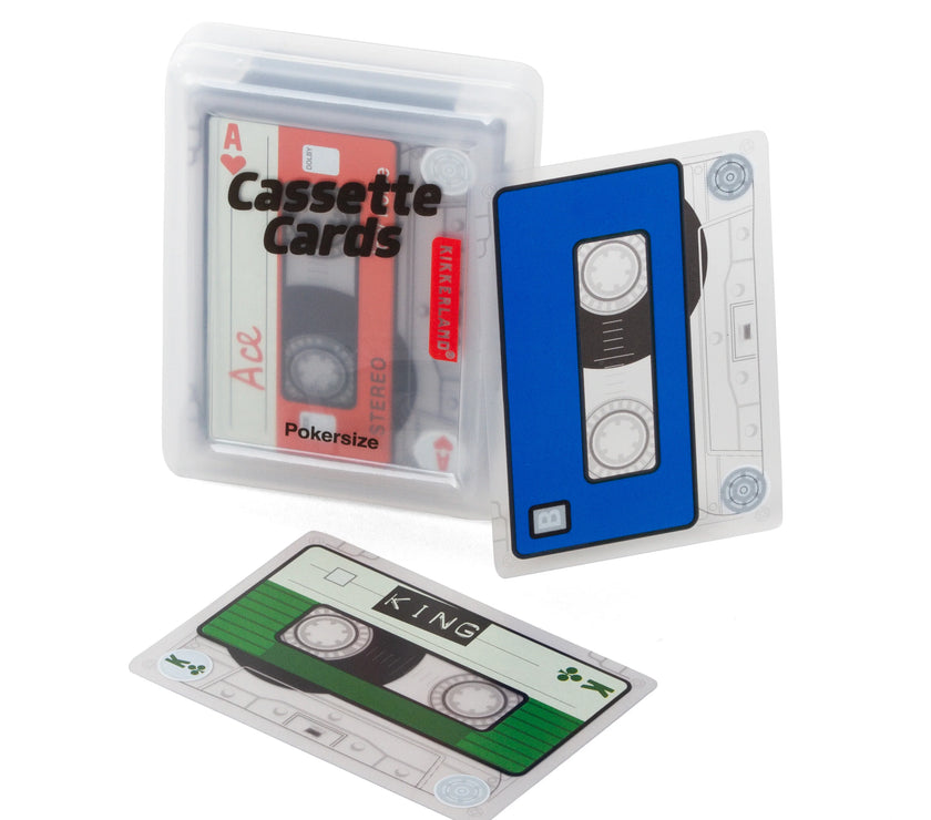 Cassette tape-shaped playing cards with a clear plastic case on a white background