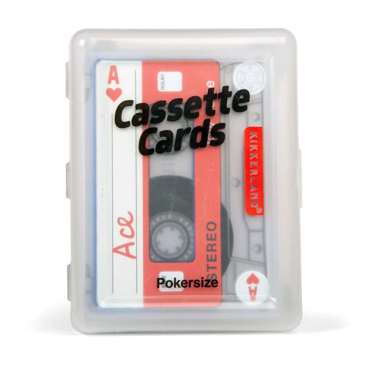 Cassette tape-shaped playing cards with 'Cassette Cards' text on a white background