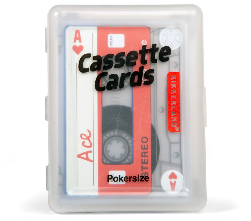 Cassette tape-shaped playing cards with 'Cassette Cards' text on a white background