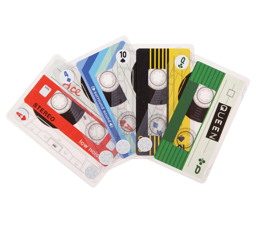 Playing cards that look like cassette tapes on a white background.