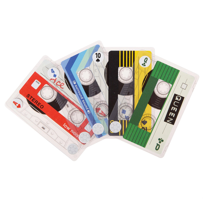 Playing cards that look like cassette tapes on a white background.