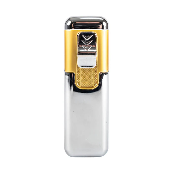 The front of a gold-accented butane cigar lighterwith silver switch.