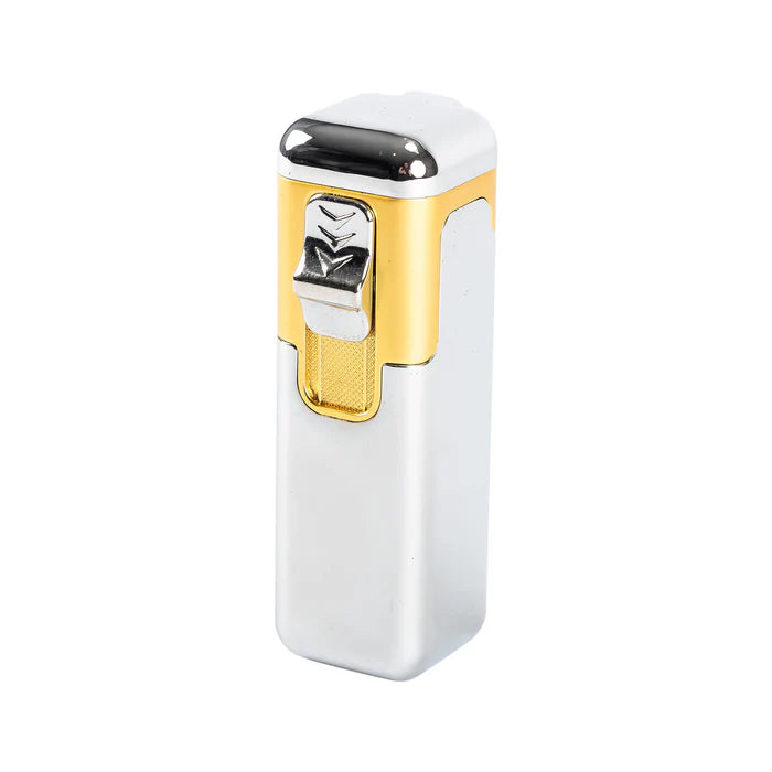 A gold accented butane cigar lighter on a while background.