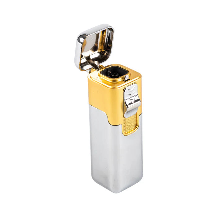 A gold accented butane cigar lighter with the silver top portion flipped open.
