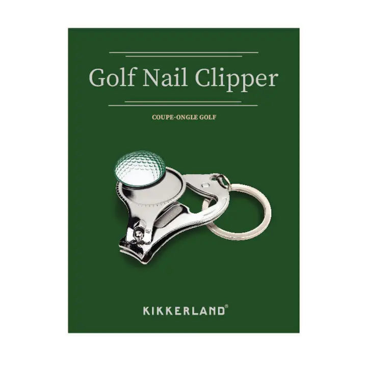 Golf nail clipper with golf ball design on a green background, brand 'Kikkerland' visible.
