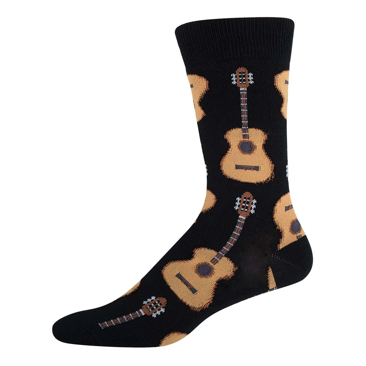 Black sock with brown guitar pattern on a white background