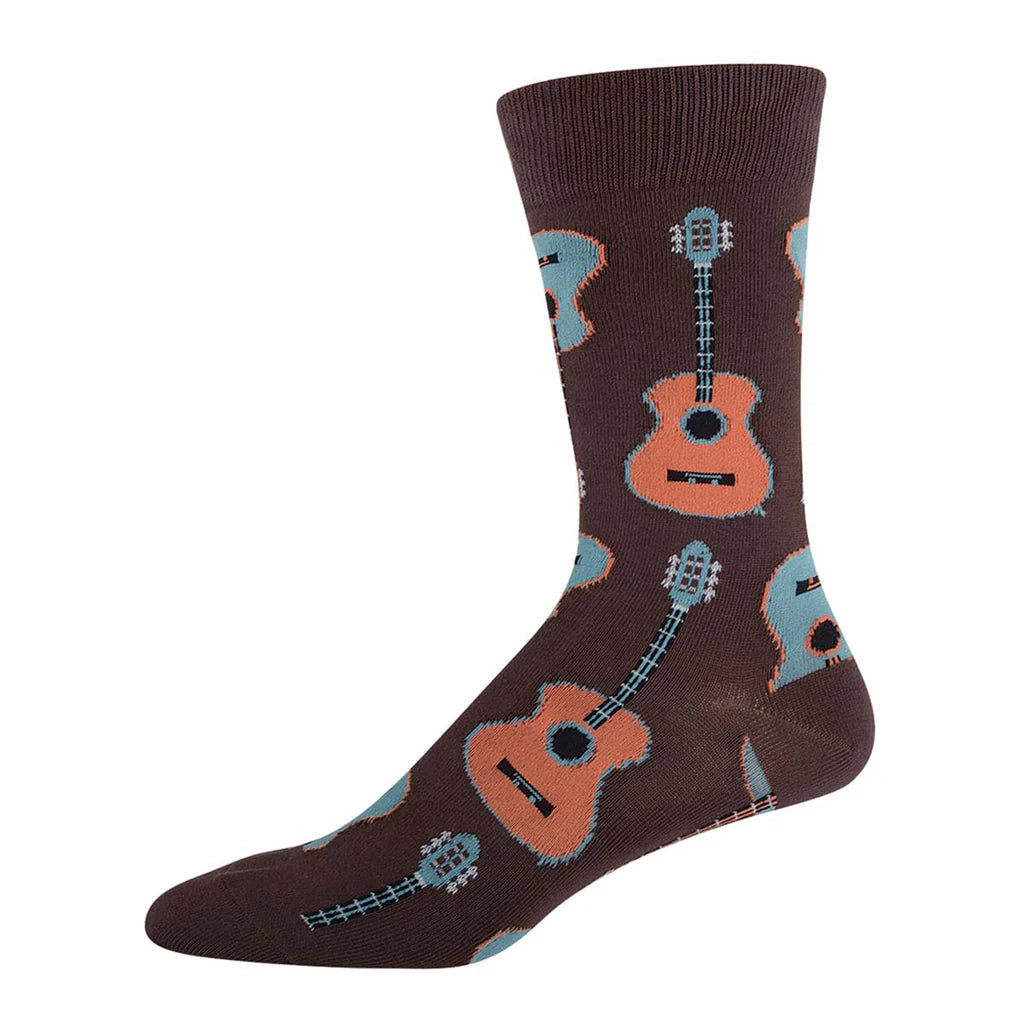 Brown sock with guitar pattern on a white background
