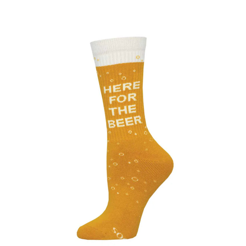 Yellow sock with 'Here for the Beer' text on a white background