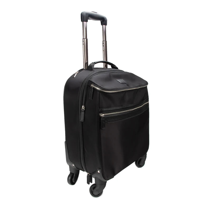 Black suitcase with wheels and handle on a white background